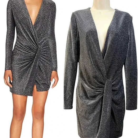 BLACK HALO NWT Lara Deep Plunge Mini Dress Metallic Tinker Bell 4 - Picture 2 of 9